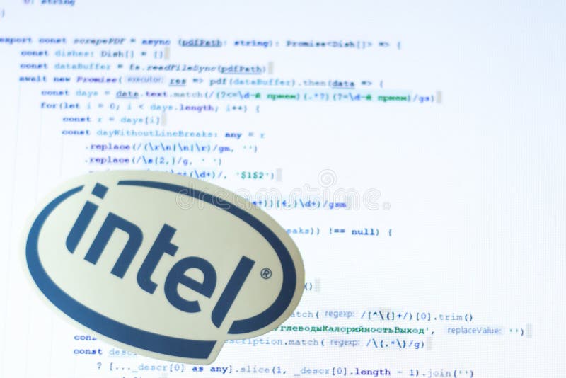 Moscow, Russia - 1 June 2020: Intel logo sign with program code on background Illustrative Editorial. Moscow, Russia - 1 June 2020: Intel logo sign with program code on background Illustrative Editorial.
