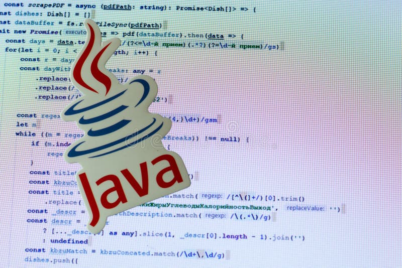 Moscow, Russia - 1 June 2020: Java logo sign with program code on background Illustrative Editorial. Moscow, Russia - 1 June 2020: Java logo sign with program code on background Illustrative Editorial.