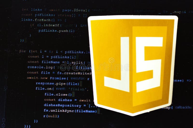 Moscow, Russia - 1 June 2020: JavaScript JS logo sign with program code on background Illustrative Editorial. Moscow, Russia - 1 June 2020: JavaScript JS logo sign with program code on background Illustrative Editorial.