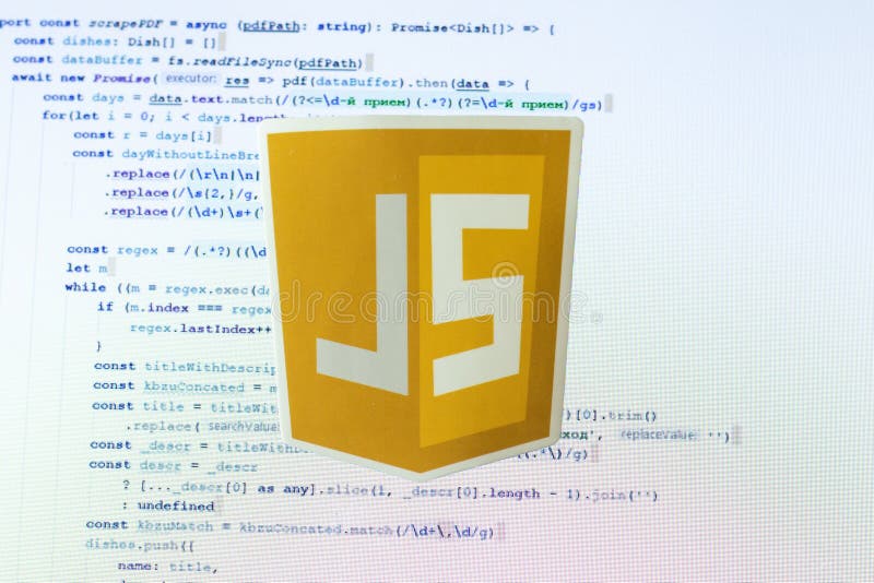 Moscow, Russia - 1 June 2020: JavaScript JS logo sign with program code on background Illustrative Editorial. Moscow, Russia - 1 June 2020: JavaScript JS logo sign with program code on background Illustrative Editorial.