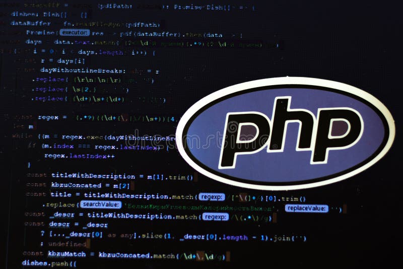 Moscow, Russia - 1 June 2020: PHP logo sign with program code on background Illustrative Editorial. Moscow, Russia - 1 June 2020: PHP logo sign with program code on background Illustrative Editorial.