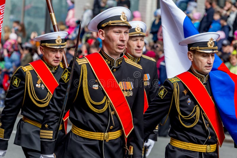 Russia, Vladivostok, 05/09/2018. Military sailors in dress uniform on parade on annual Victory Day on May 9. Holiday to commemorate victory of USSR over Nazi Germany in World War 2. Russia, Vladivostok, 05/09/2018. Military sailors in dress uniform on parade on annual Victory Day on May 9. Holiday to commemorate victory of USSR over Nazi Germany in World War 2