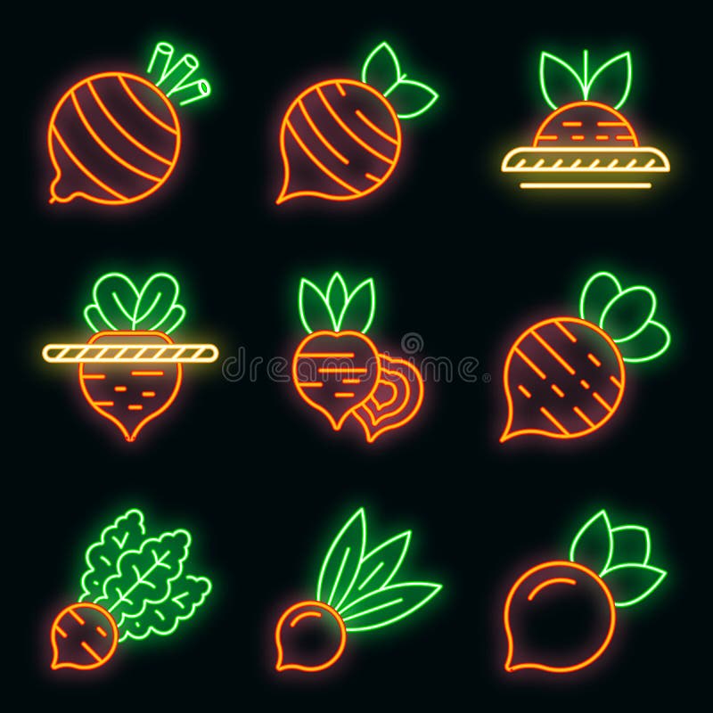Rübensymbole setzen Vektorneon. Beet-Symbole. Umriss Satz Rübenvektor Symbole Neonfarbe auf schwarz