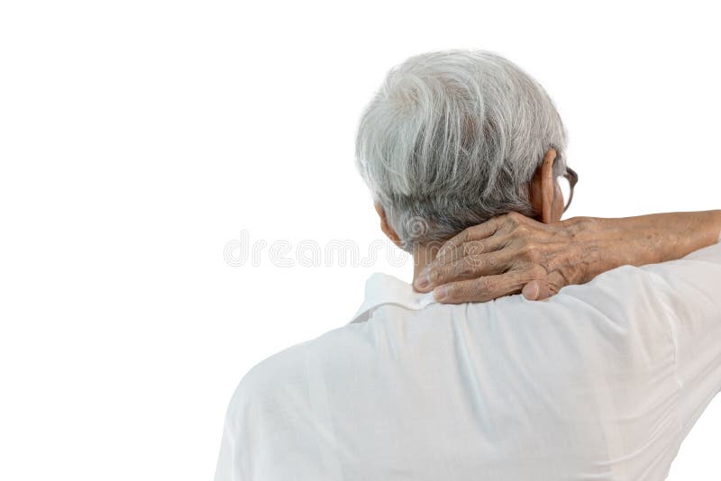 Rückenansicht Seniorin, die an Nackenschmerzen Erkrankung der Gebärmutterspondylose ältere ältere, die Nacken oder Muskelspannung lizenzfreie stockfotografie