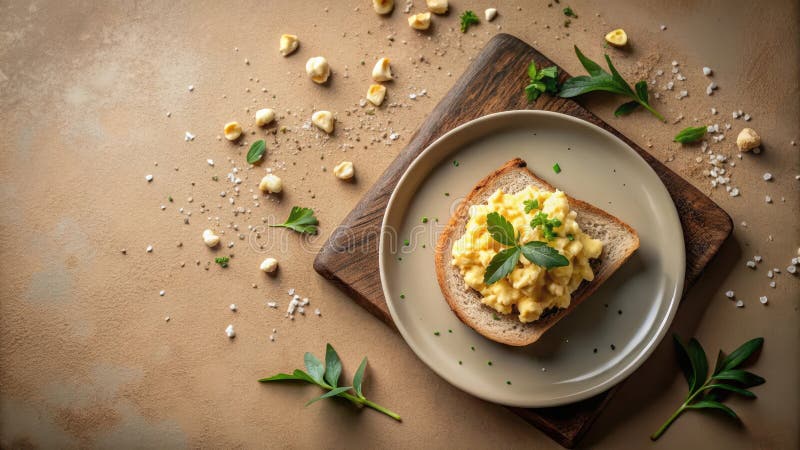 Rührei auf Toast mit Kräutern und Gewürzen, schlicht und elegant präsentiert. Generative AI vektor abbildung