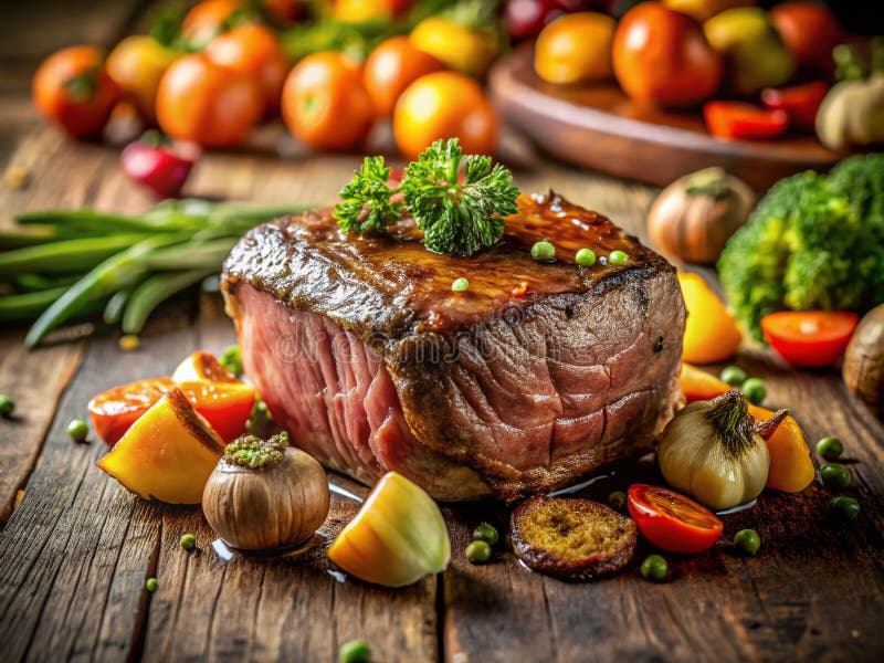 Răsfață-te cu o cină gourmet: File de vită perfect rumenit cu legume de sezon la cuptor vector illustration