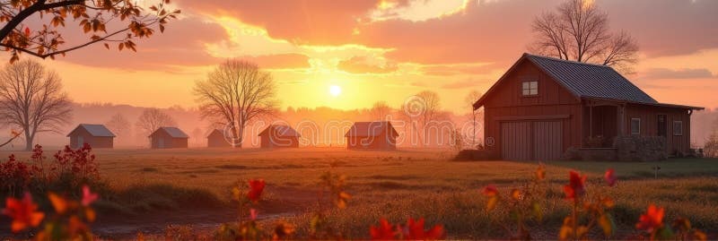 Răsăritul răsăriturii deasupra scoarței rustice în peisajul rural cețos stock photos