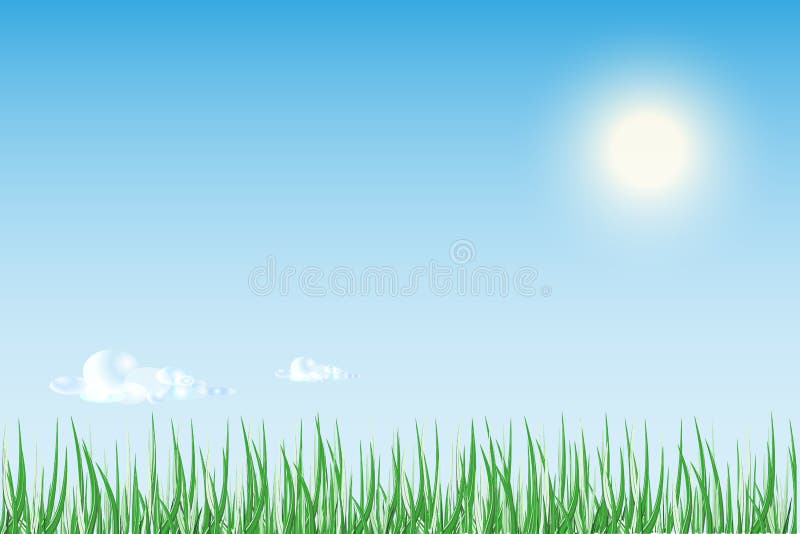 Răsăritul soarelui sau apusul deasupra câmpului verde al ierbii cu albastru strălucitor royalty free illustration