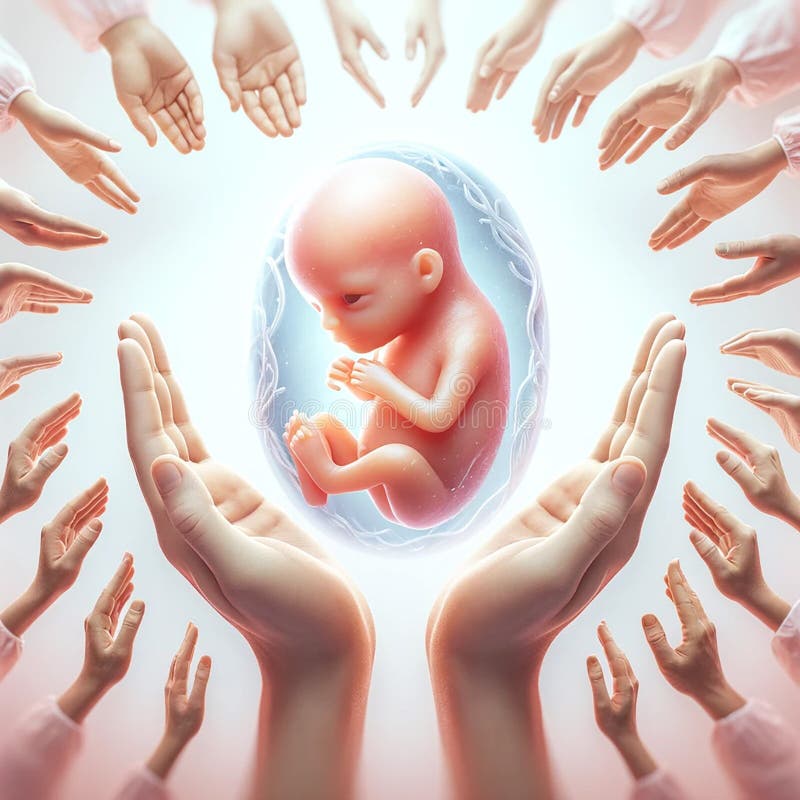 Fetus surrounded by hands in a protective way. Good to illustrate content about the polemic about abortion and pro life. Fetus surrounded by hands in a protective way. Good to illustrate content about the polemic about abortion and pro life.