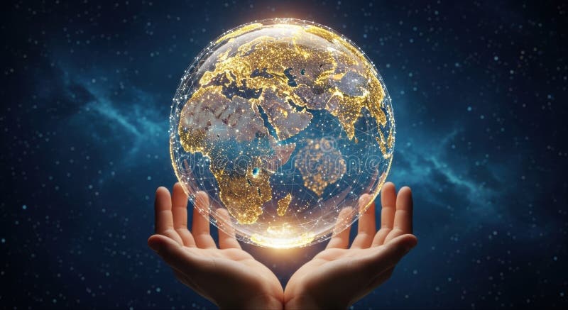 Ręce człowieka trzymające świecący globus cyfrowy reprezentujący globalną komunikację i technologię royalty ilustracja