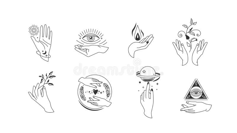 Ręce ustawione w prostym płaskim ezoterycznym stylu boho Kolekcja logo kobiecych dłoni z innym symbolem, takim jak gwiazda kosmic