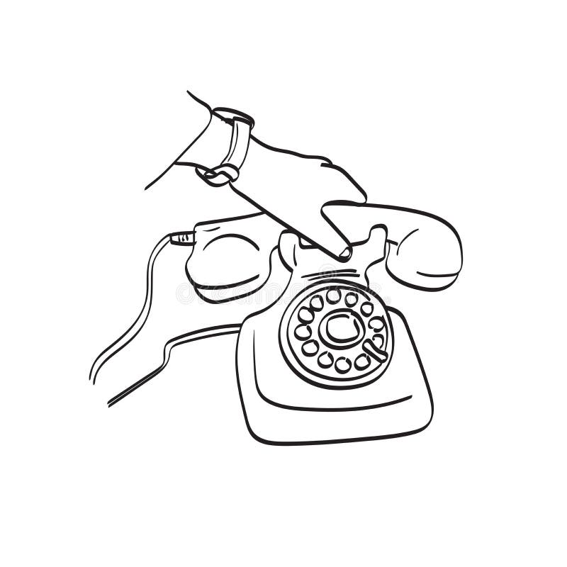 Ręczna ręka zamykająca sztukę liniową z ręką retro-telefoniczny wektor ilustracyjny wypisany na białym tle ilustracja wektor