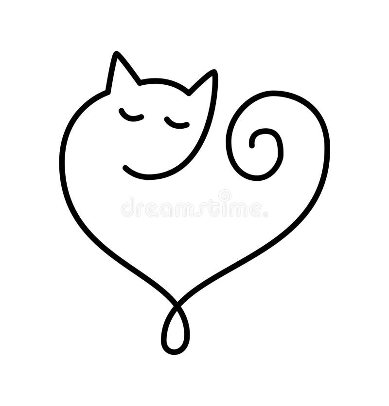 Ręczne wypatroszone święta miłość monolinowe logo sercowe znak z kotem. wektor romantyczny symbol ilustracji ślub. kaligrafia ilustracji