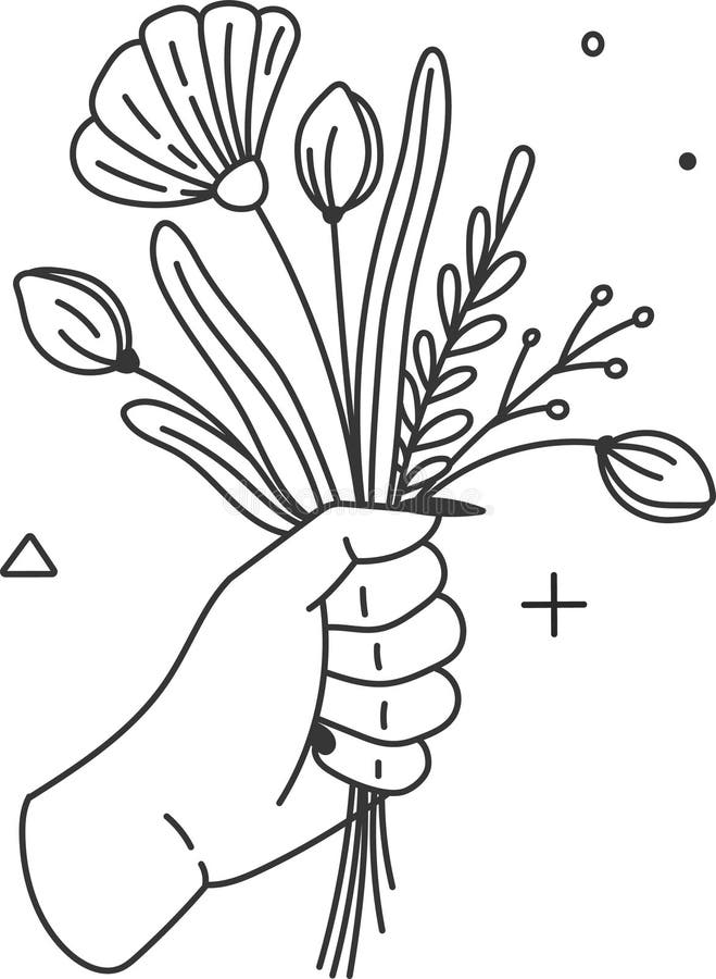 Ręcznie rysowana ilustracja dłoni trzymającej bukiet kwiatów z minimalistycznym wzornictwem sztuki idealnym do kartek powitalnych ilustracja wektor