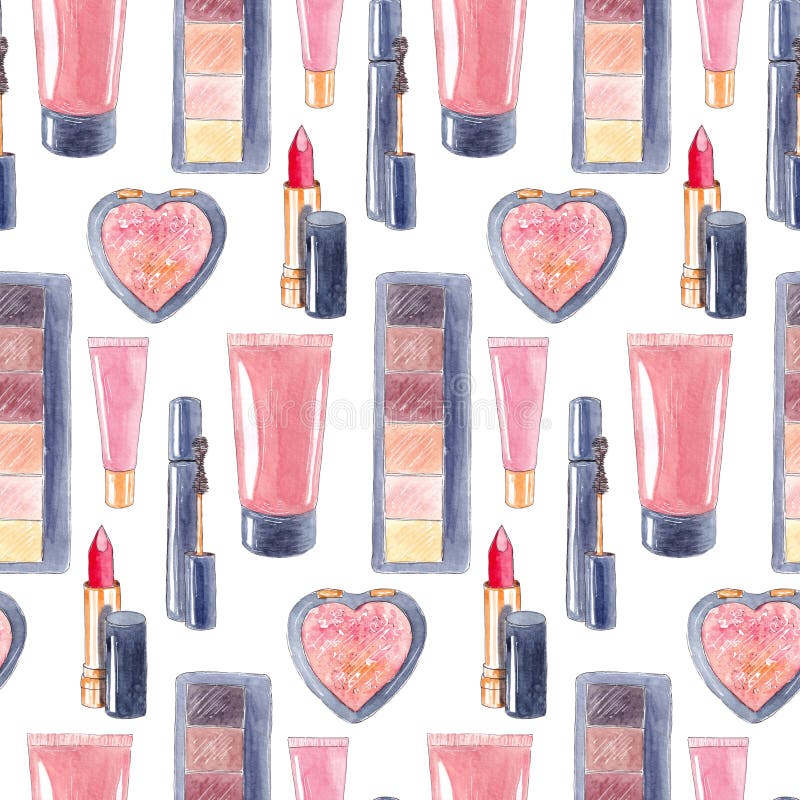 Hand drawn watercolor fashion square seamless pattern with a cosmetic and makeup products. Pink facial cream, powder, lipstick, shadow, mascara. Hand drawn watercolor fashion square seamless pattern with a cosmetic and makeup products. Pink facial cream, powder, lipstick, shadow, mascara