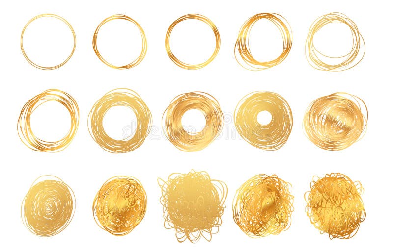 Ręcznie rysowane okrągłe, złote ramki kartonowe Zbiór złotego pola na krawędzi Kręgi folii luksusowej ilustracji wektorowej Wyizo