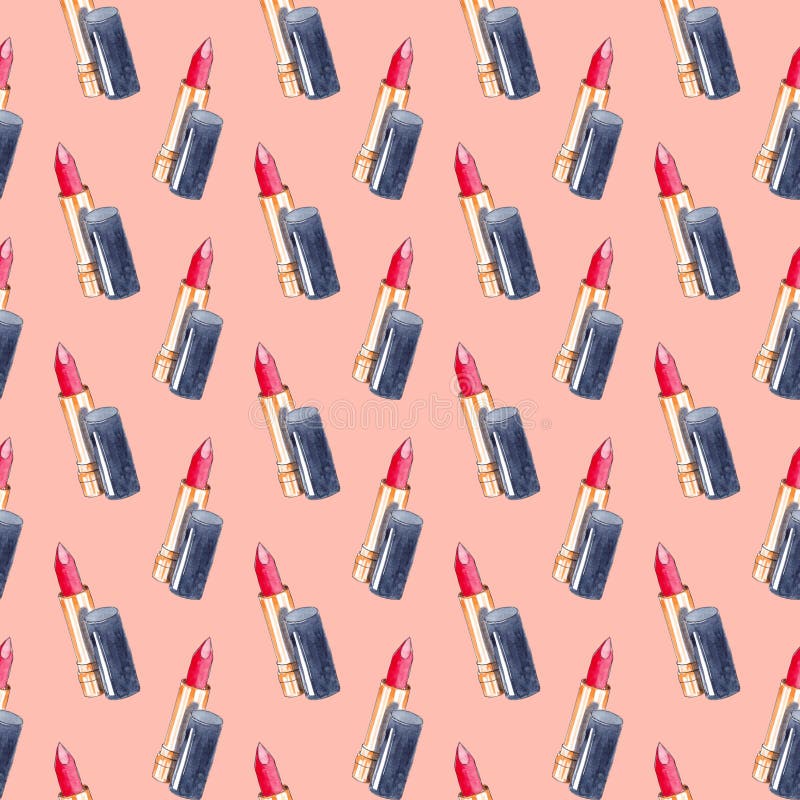 Hand drawn watercolor seamless square pattern with cosmetic and makeup products. Red Lipstick. Hand drawn watercolor seamless square pattern with cosmetic and makeup products. Red Lipstick