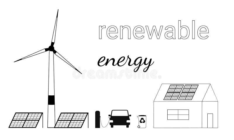 Ręczny zestaw ilustracji pokazujących, jak korzystać z odnawialnych źródeł energii ilustracji