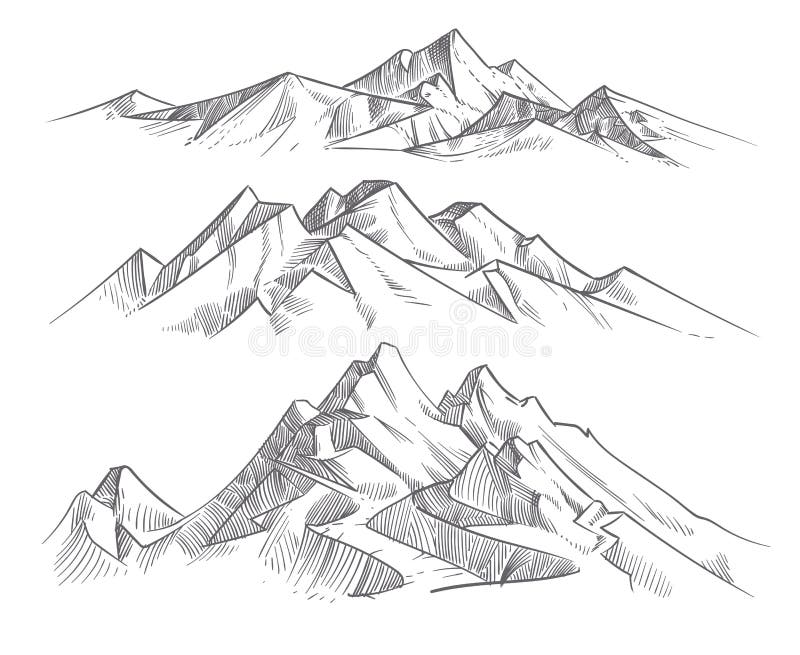 Ręk rysunkowi pasma górskie w rytownictwo stylu Rocznik gór panoramy natury wektorowy krajobraz