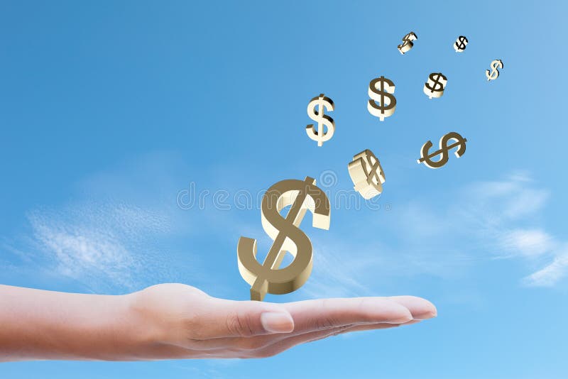 Dollar Sign on hand on blue sky background. Dollar Sign on hand on blue sky background