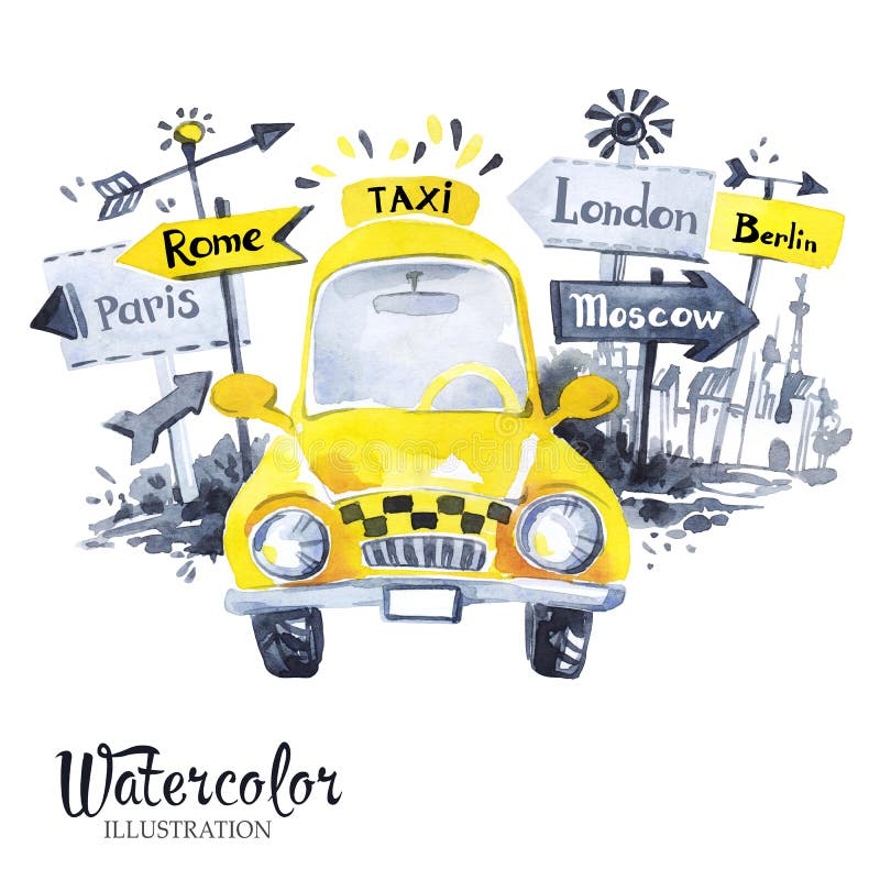 Ręka malował mini taxi samochód z miasto sztandarami ilustracji Ręka malował mini taxi samochód z miasto sztandarami ilustracji