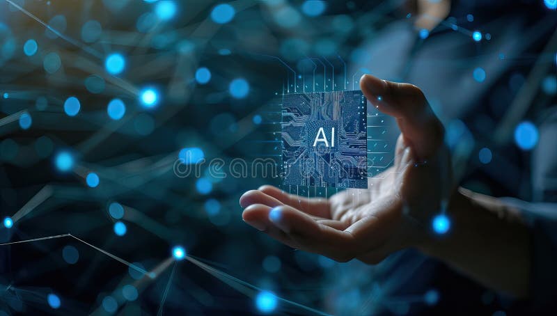 Ręka prezentująca technologię ai wśród błyszczących połączeń sieciowych ilustracji