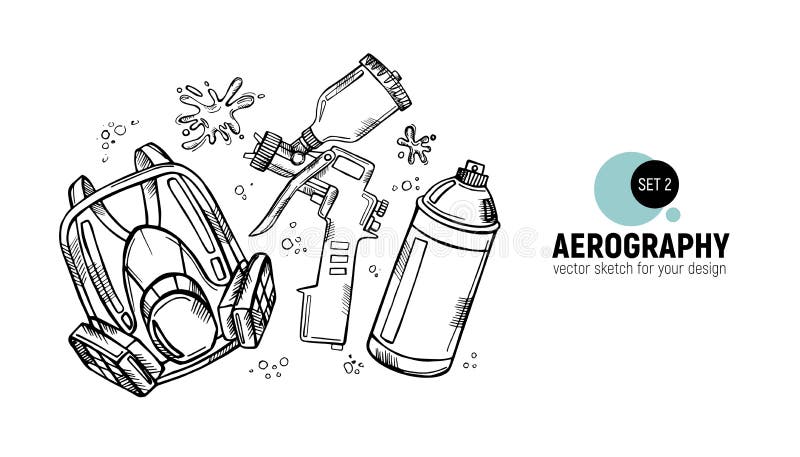 Hand drawn  illustration of aerography tools. Protective mask, respirator, airbrush and spray paint. Hand drawn  illustration of aerography tools. Protective mask, respirator, airbrush and spray paint