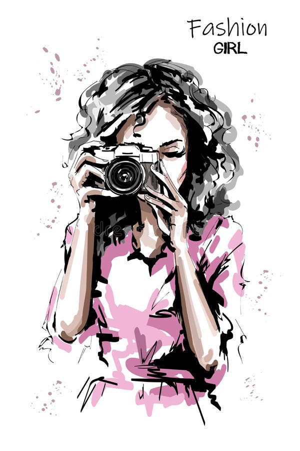 Ręka rysująca piękna młoda kobieta z fotografii kamerą Elegancka elegancka dziewczyna moda portret kobiety