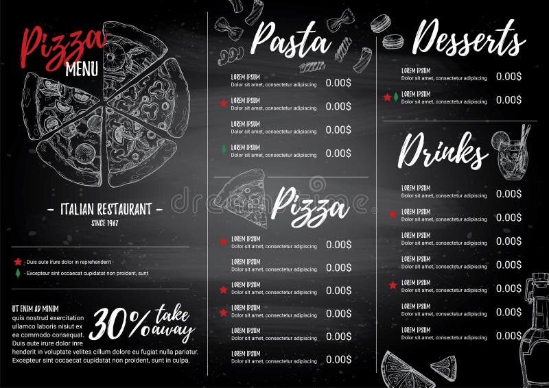 Ręka rysująca wektorowa ilustracja - Włoski menu Makaron i pizza