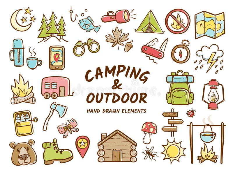Ręka rysujący camping i plenerowi rekreacyjni elementy ilustracji