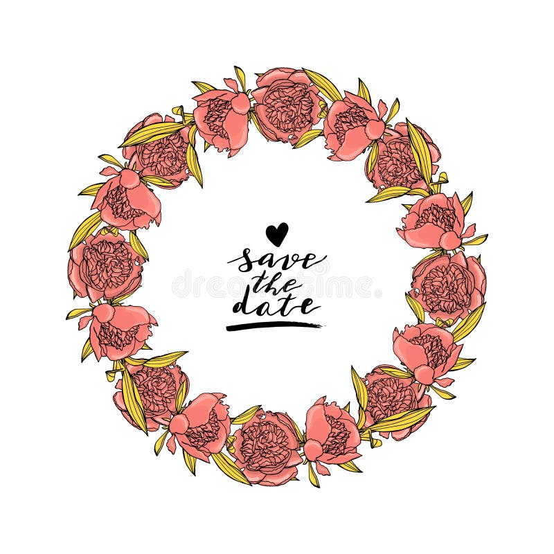 Ręka rysujący doodle stylu menchii peoni kwiatu wianek z obyczajowym ręki literowaniem projekta elementu kwiecisty ilustraci wekt ilustracja wektor Ręka rysujący doodle stylu menchii peoni kwiatu wianek z obyczajowym ręki literowaniem projekta elementu kwiecisty ilustraci wekt ilustracja wektor