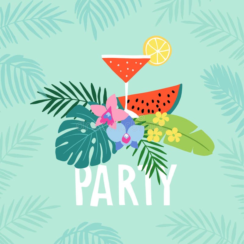 Hand drawn summer party greeting card, invitation with cocktail drink. Watermelon fruit with tropical palm leaves and orchid flowers, vector illustration, web banner. Hand drawn summer party greeting card, invitation with cocktail drink. Watermelon fruit with tropical palm leaves and orchid flowers, vector illustration, web banner.