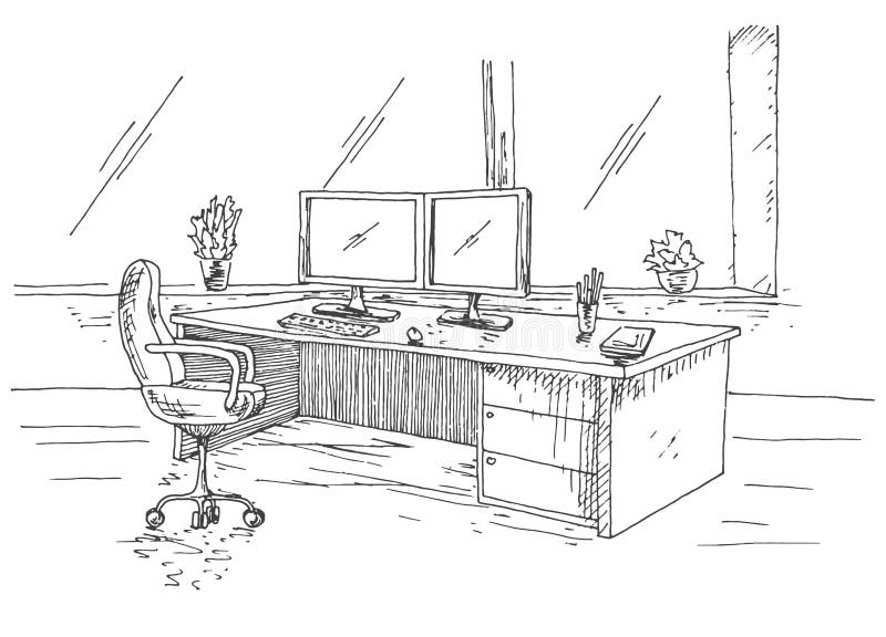 Ręka rysujący miejsce pracy za monitorami Pracujący stół z dwa monitorami, biurowy krzesło Wektorowa ilustracja nakreślenie styl ilustracja wektor Ręka rysujący miejsce pracy za monitorami Pracujący stół z dwa monitorami, biurowy krzesło Wektorowa ilustracja nakreślenie styl ilustracja wektor