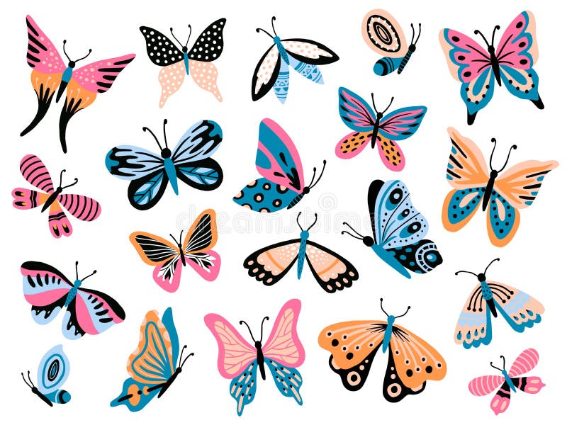 Ręka rysujący motyl Kwitnie motyle i skacze kolorowa latającego insekta odizolowywająca wektorowa kolekcja, ćma skrzydła