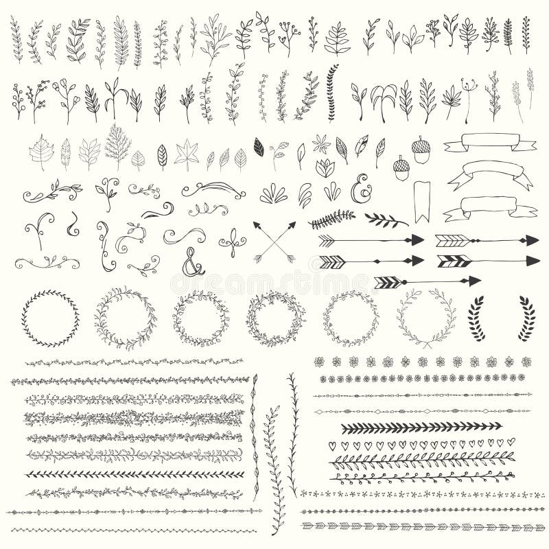 Ręka rysujący rocznik opuszcza, strzała, piórka, wianki, dividers, ornamenty i kwieciści dekoracyjni elementy, Ręka rysujący rocznik opuszcza, strzała, piórka, wianki, dividers, ornamenty i kwieciści dekoracyjni elementy,