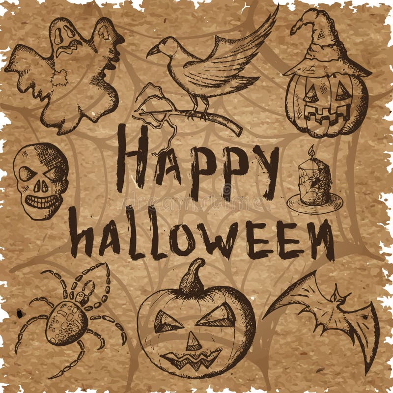 Ręka rysujący set Halloween atrybuty, brown nakreślenie na Kraft papierze ilustracja wektor Ręka rysujący set Halloween atrybuty, brown nakreślenie na Kraft papierze ilustracja wektor