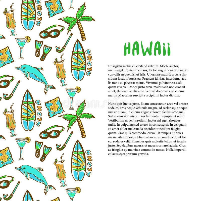 Ręka rysujący surfing i nurkowa dekoracja Hawaje wakacje Turystyka wektoru tło Sztandar lub plakat royalty ilustracja Ręka rysujący surfing i nurkowa dekoracja Hawaje wakacje Turystyka wektoru tło Sztandar lub plakat royalty ilustracja