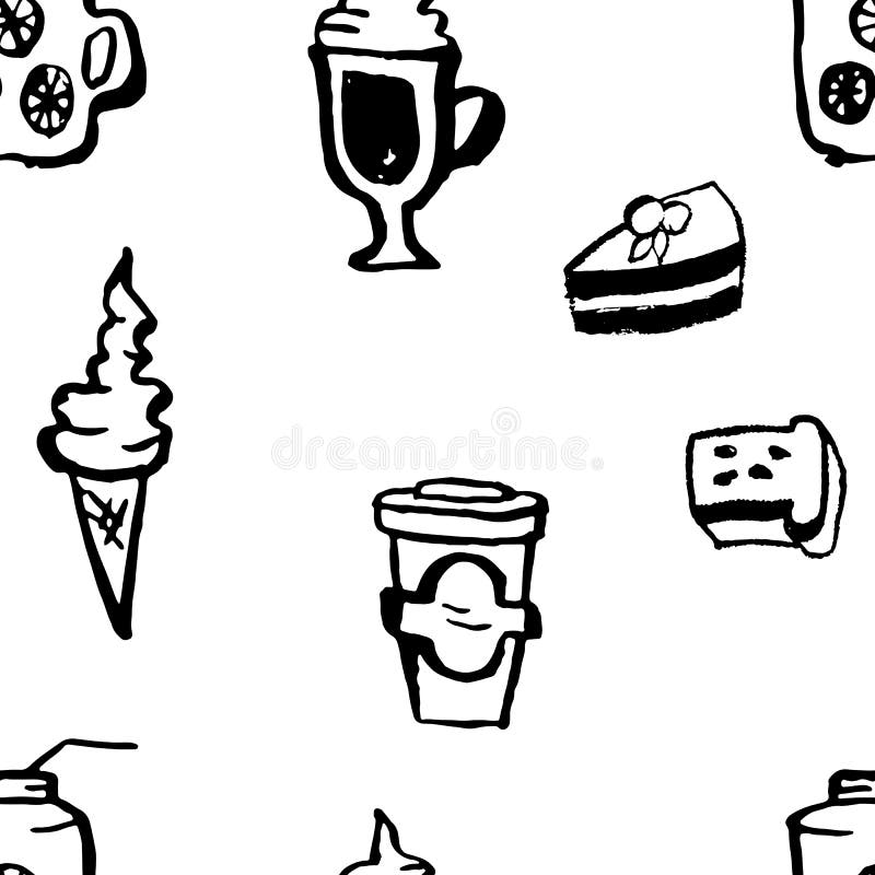 Ręka rysujący wektorowy bezszwowy sklepu z kawą wzór Deserowy grunge tło royalty ilustracja Ręka rysujący wektorowy bezszwowy sklepu z kawą wzór Deserowy grunge tło royalty ilustracja