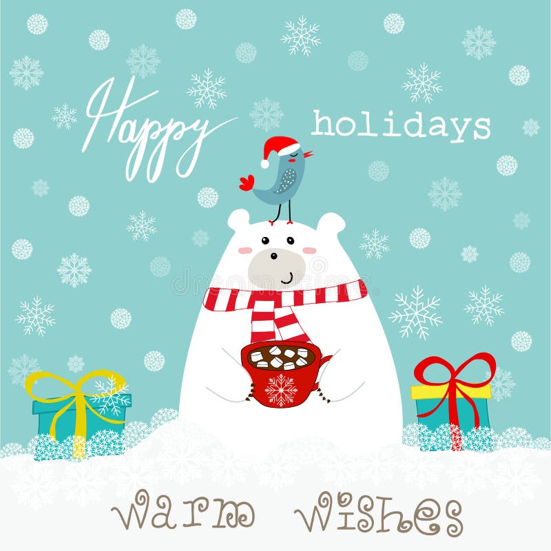 Ręka rysujący śliczny niedźwiedź polarny trzyma kubek z gorącej czekolady marshmallows Prezentów pudełek kawaii ptak w Santa klau royalty ilustracja