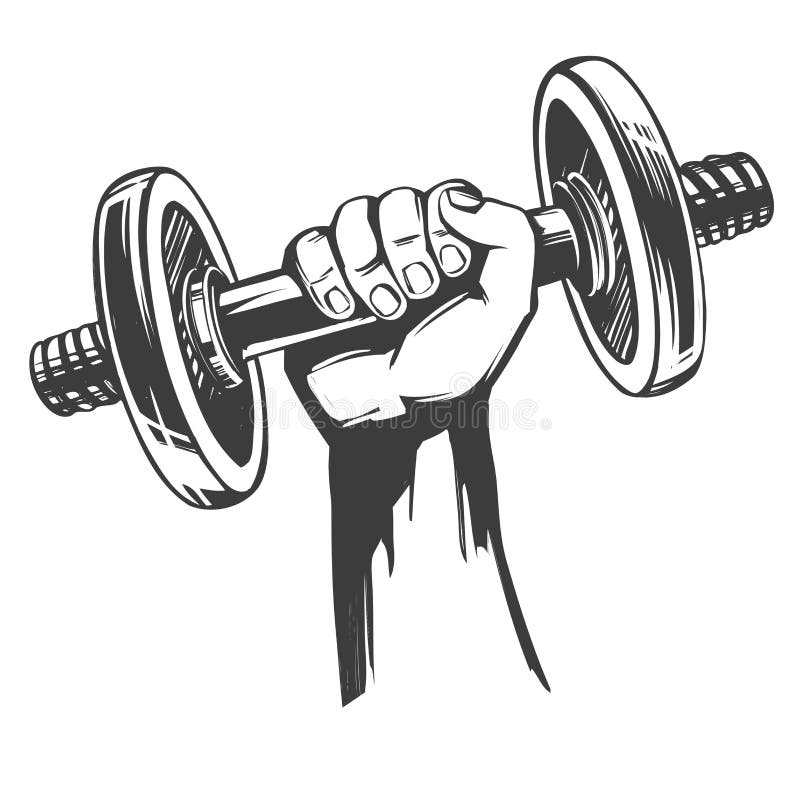 R? ka, silna r? ka trzyma dumbbell, ikony kresk? wki r? ka rysuj? cy wektorowy ilustracyjny nakre? lenie royalty ilustracja