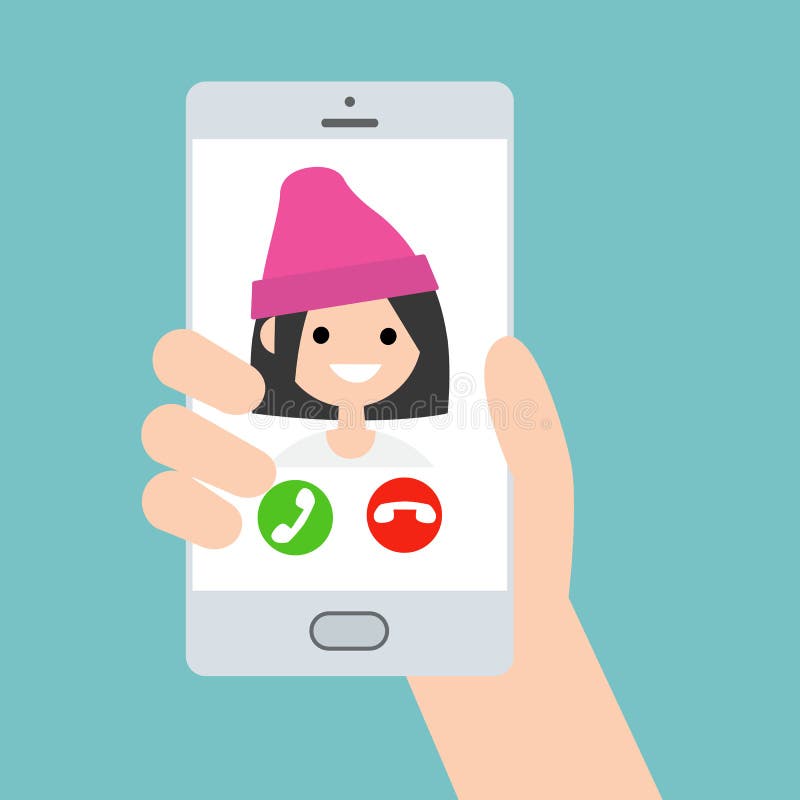 Ręka trzyma mądrze telefon Przybywający wezwanie od śmiesznej modnej dziewczyny royalty ilustracja Ręka trzyma mądrze telefon Przybywający wezwanie od śmiesznej modnej dziewczyny royalty ilustracja