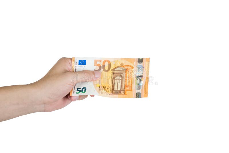 Ręka trzyma pięćdziesiąt euro rachunek na ręce odizolowywającej na białym backgroun zdjęcia royalty free Ręka trzyma pięćdziesiąt euro rachunek na ręce odizolowywającej na białym backgroun zdjęcia royalty free