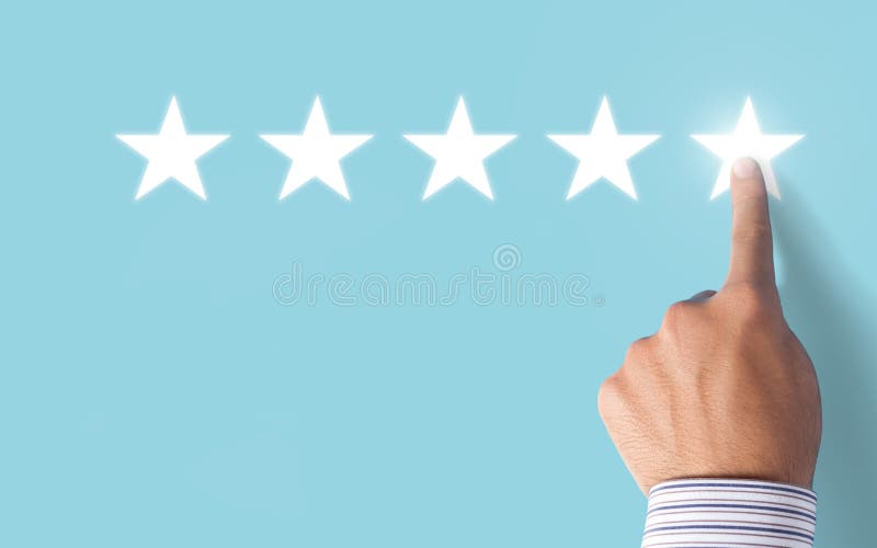 Hand choosing 5 stars rating on blue background - Positive feedback concept. Hand choosing 5 stars rating on blue background - Positive feedback concept