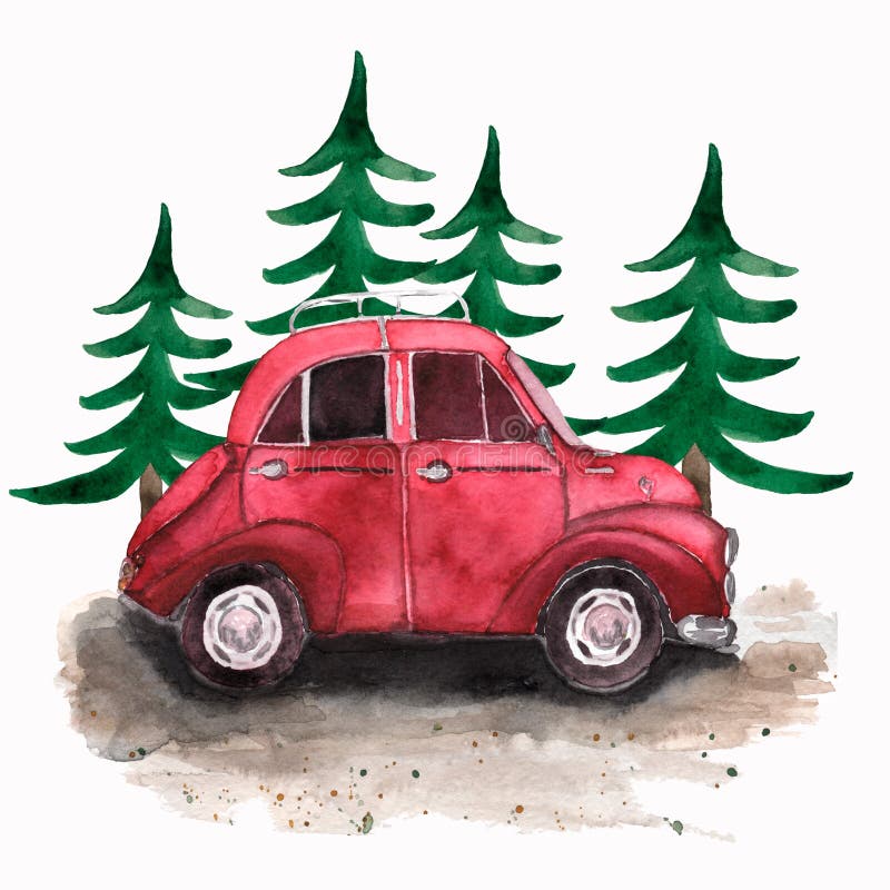 Ręki malować rocznik czerwone choinki i samochód Akwareli bolączka ilustracja wektor Ręki malować rocznik czerwone choinki i samochód Akwareli bolączka ilustracja wektor