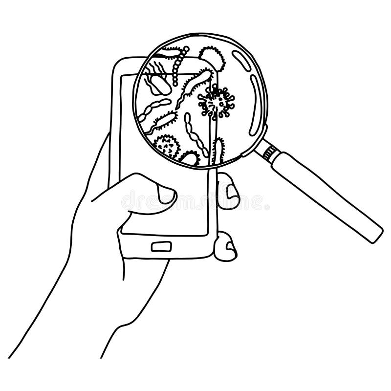 Ręki mienia telefon komórkowy z zarazkami w powiększać - szklana wektorowa ilustracyjna nakreślenia doodle ręka rysująca z czerni royalty ilustracja Ręki mienia telefon komórkowy z zarazkami w powiększać - szklana wektorowa ilustracyjna nakreślenia doodle ręka rysująca z czerni royalty ilustracja