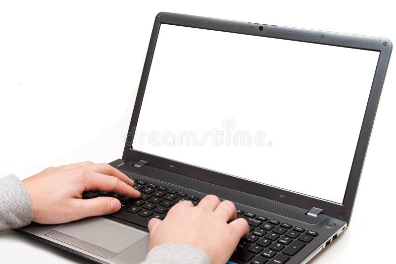 Ręki na laptopie z pustym ekranem odizolowywającym obrazy royalty free
