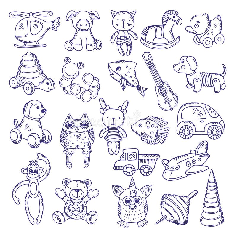 Ręki rysować doodle zabawki dla dzieciaków Wektorów nakreślenia odizolowywają na białym tle royalty ilustracja