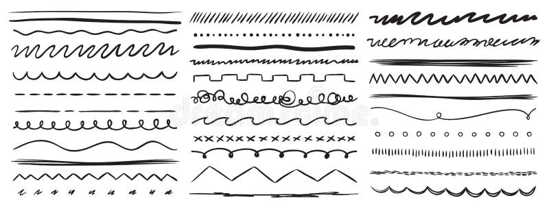 Ręki rysować linie Markiera kreskowy divider, handmade ołówkowy uderzenia muśnięcie i rysunkowych dividers wektorowi elementy ust ilustracja wektor