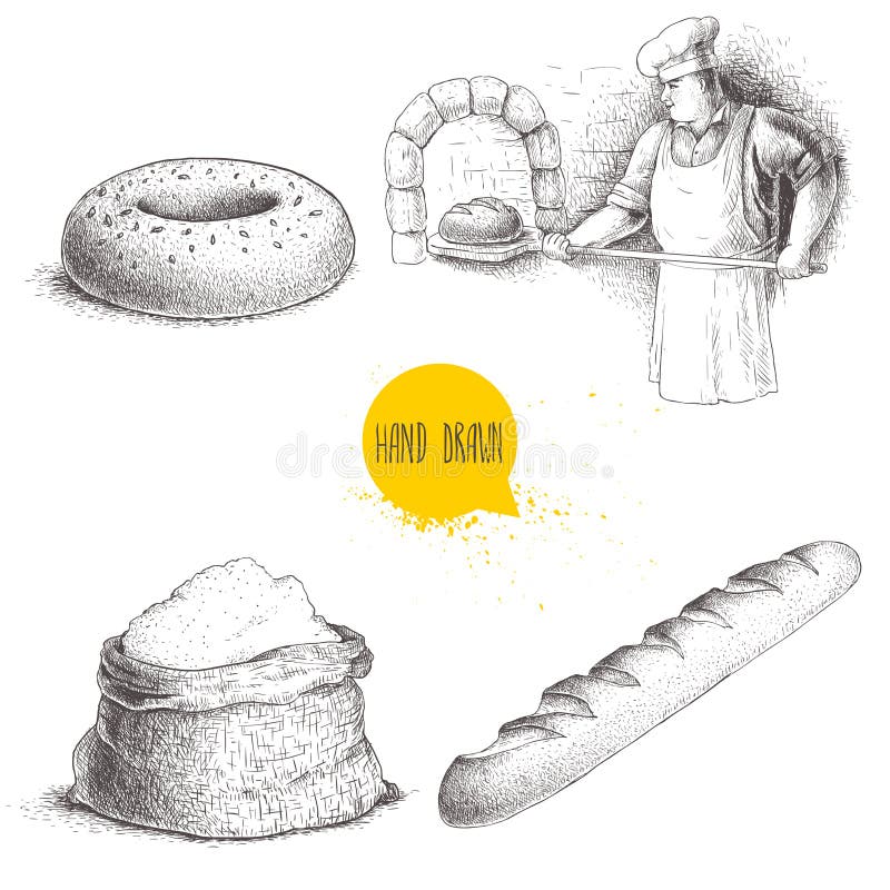 Ręki rysować ustalone piekarni ilustracje Piekarz robi świeżemu chlebowi w kamiennym piekarniku, sezamowy bagel, świeży baguette royalty ilustracja Ręki rysować ustalone piekarni ilustracje Piekarz robi świeżemu chlebowi w kamiennym piekarniku, sezamowy bagel, świeży baguette royalty ilustracja
