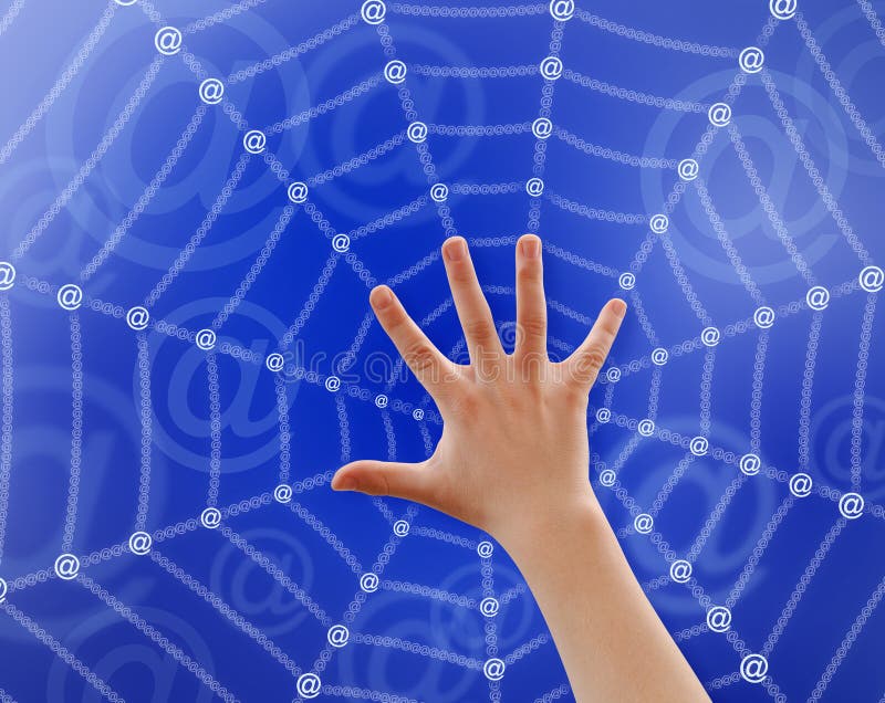 Teenager’s hand touching web, made be “At” sign, path included. Teenager’s hand touching web, made be “At” sign, path included